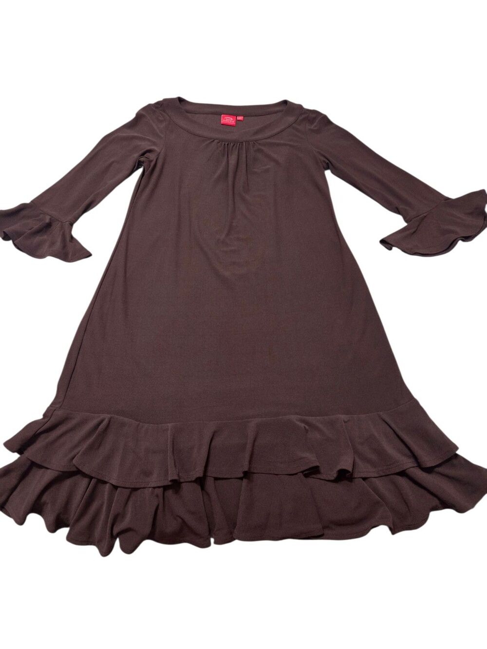 Oscar by Oscar de la Renta Ruffle Sleeve Hem Shift Midi Dress L Brown I3.1